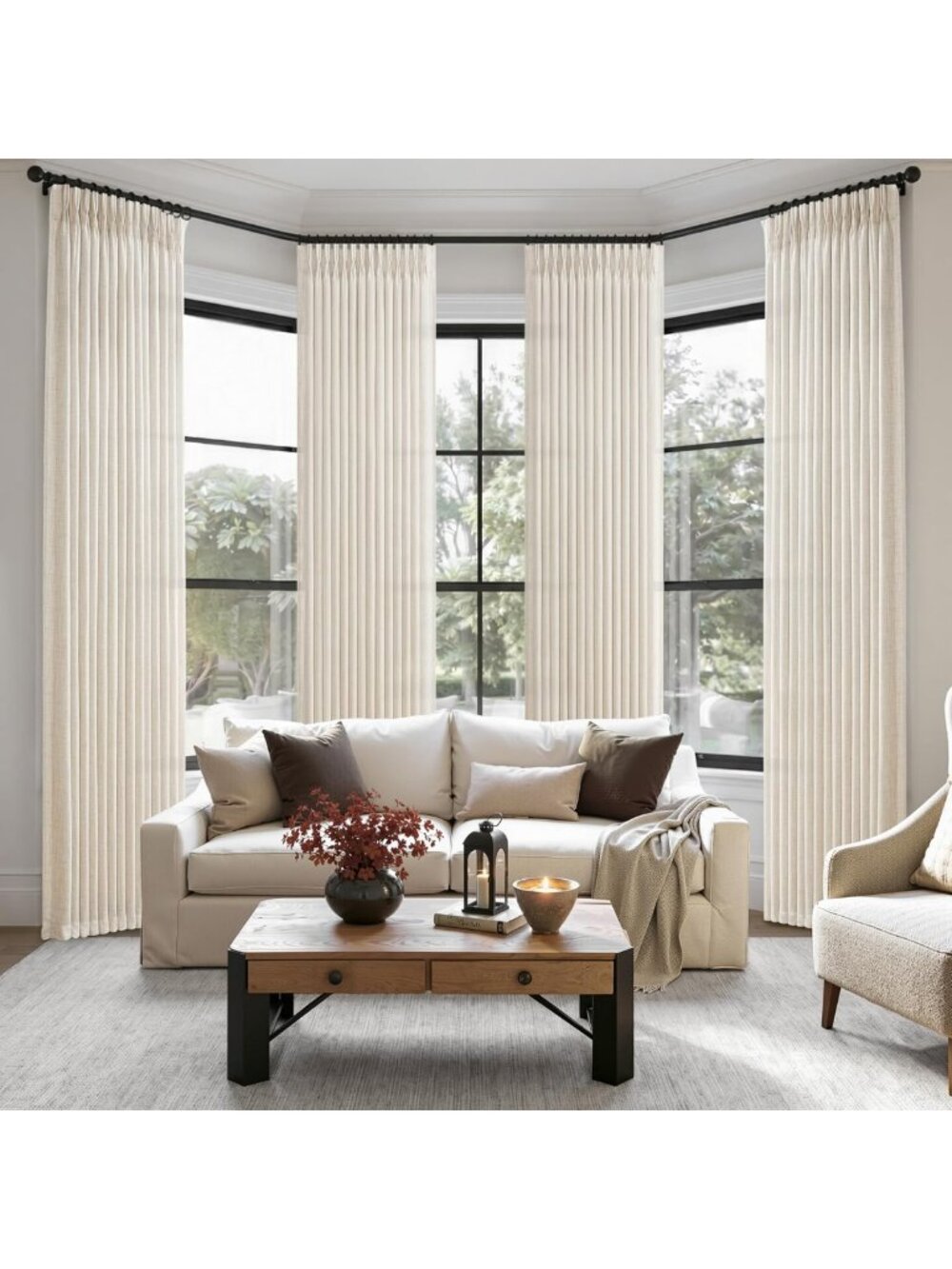 Boho Pleated Linen Sheer Curtains Set of 4, Light Filtering Drapes for Sliding